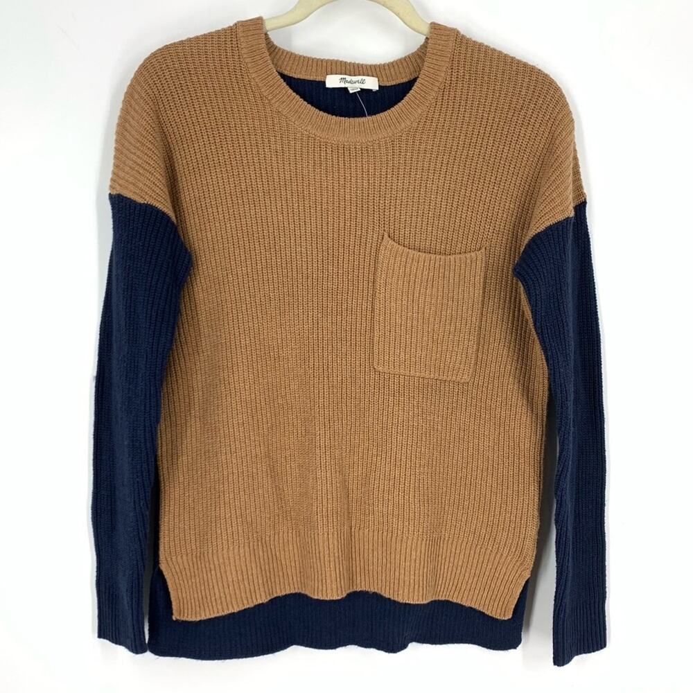 Madewell Thompson Pocket Ribbed Pullover Sweater Size XXS Blue Tan Colorblock - Picture 2 of 6